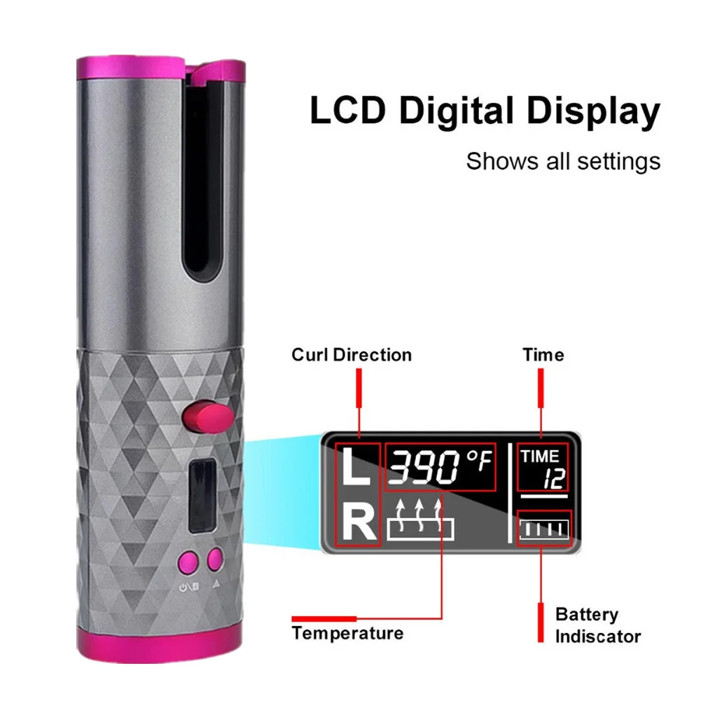 

Portable wireless automatic curling iron hair curler USB charger for LCD display Loose machine with 1 comb + 2pc clips