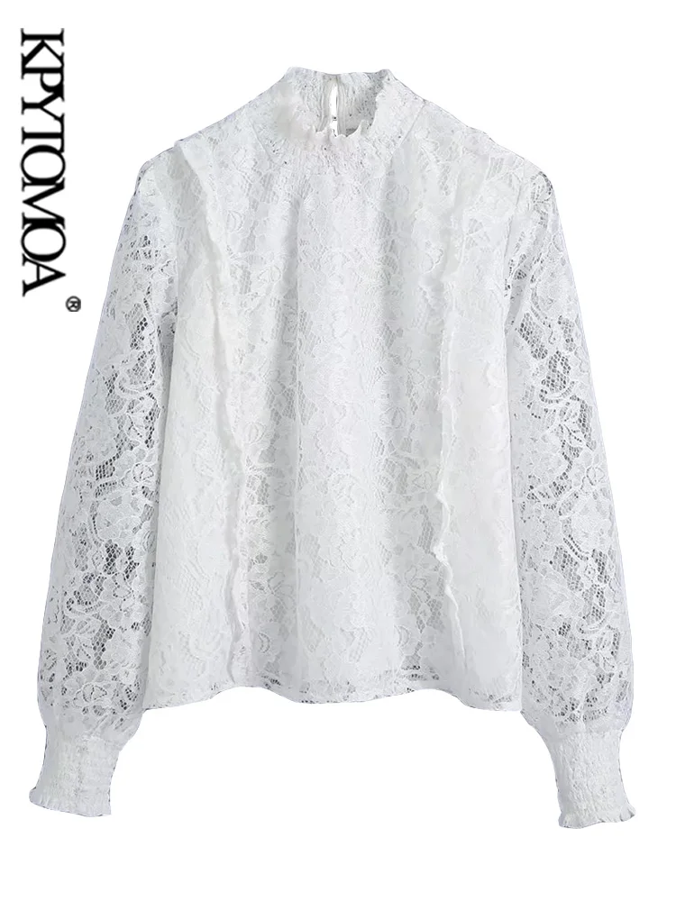 

KPYTOMOA Women Fashion Semi-Sheer Ruffled Lace Blouses Vintage High Neck Long Sleeve Female Shirts Blusas Chic Tops