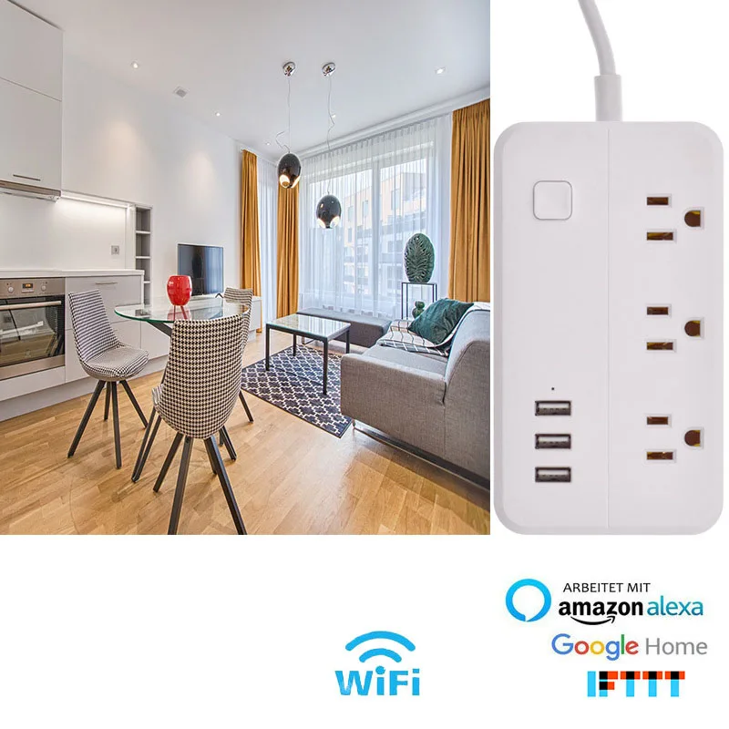 Wifi Smart Power Strip Outlets Surge Protector 3 US AC Plug Socket with USB 1.5m Extension Cord for Alexa Google Home | Электроника