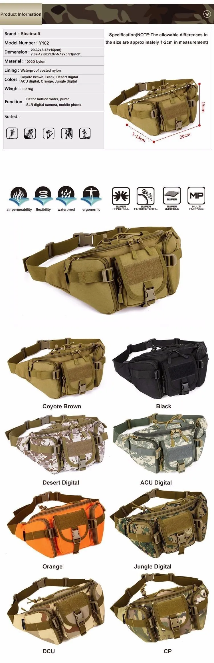 SINAIRSOFT 1000D нейлоновая тактическая Сумка molle охотничья сумка водонепроницаемые походные рыболовные сумки на талию тактические Спортивные сумки edc сумка LY0022