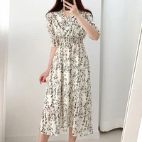 2021 vintage v neck short sleeved floral print chiffon dress a line casual dress one piece korean fashion summer dresses female