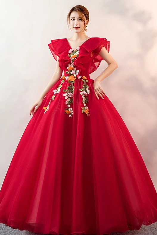 Винно Красное Бальное Платье с v образным вырезом и оборками платье королевы