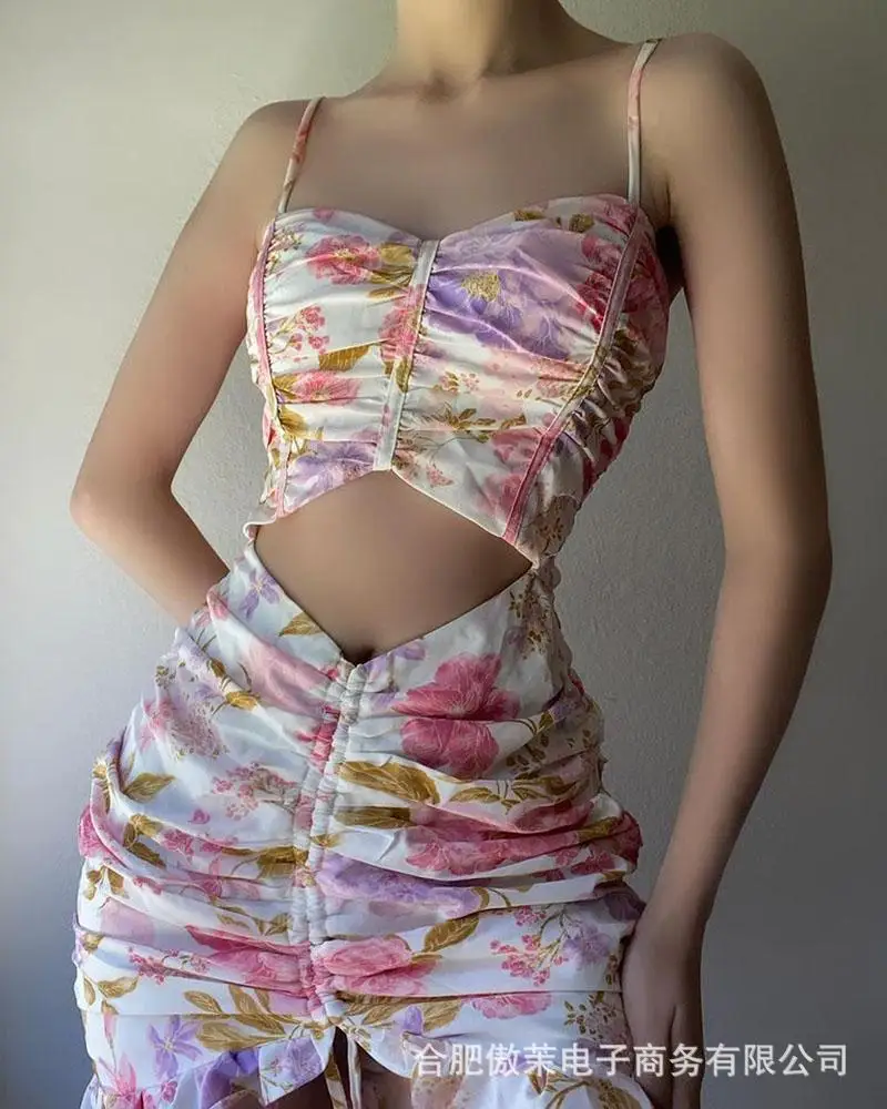 

2021 fashion new floral open waist drawstring mini dress