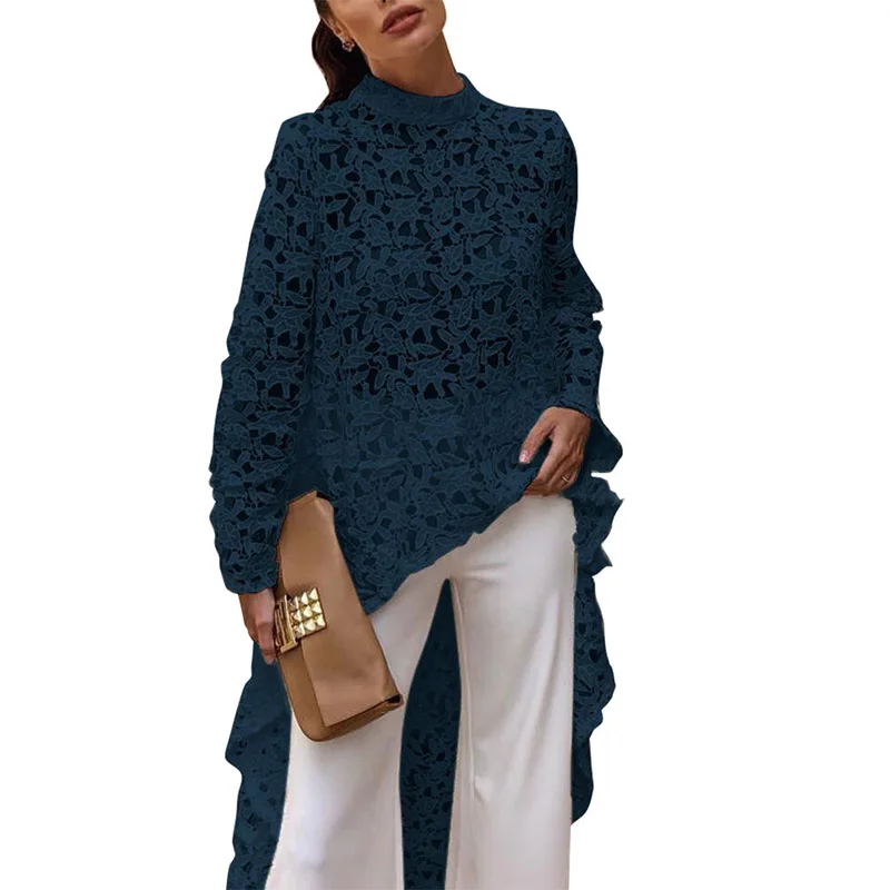 Women Asymmetric Long Shirt Round Neck Long Sleeve Hollow Casual High Low Blouse Top IK88