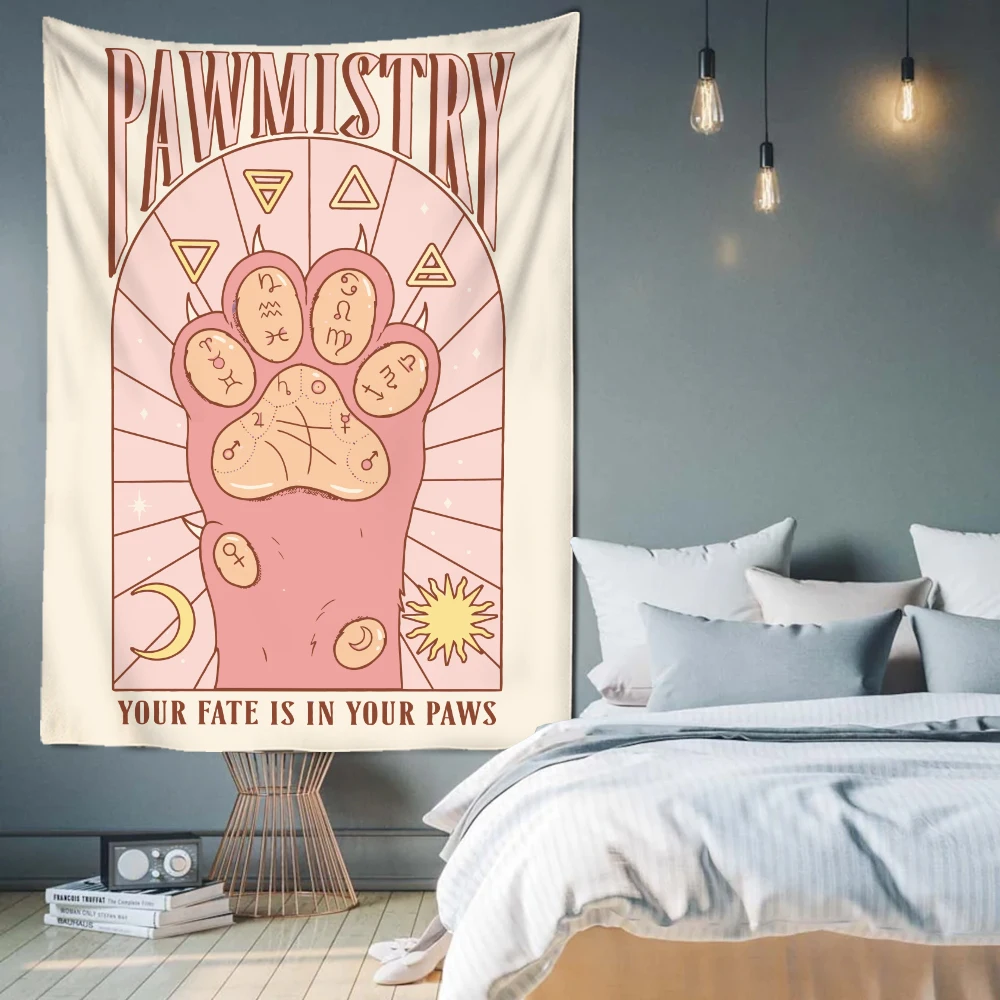 Cat Paws Tarot Tapestry Witchcraft Bohemian Style Decoration Home Hippie Mattress Girls Dorm Room Decor | Дом и сад