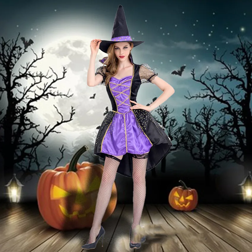 

Halloween Women Purple Sexy Stitching Gauze Witch Costume Ghost Festival Cosplay Party Devil Uniform Witch Dress Hat Sets