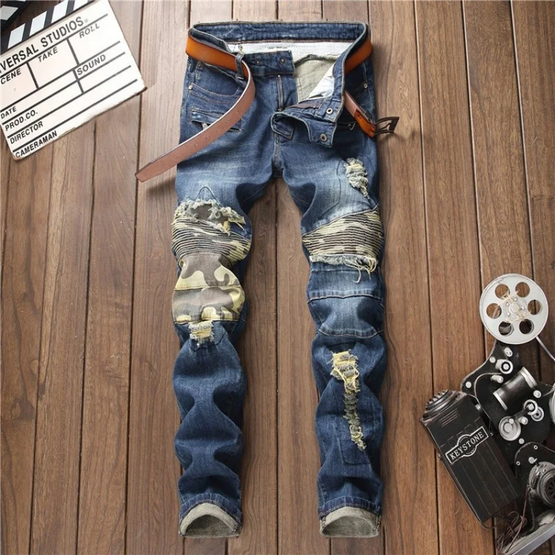 

Man New Fashion Spliced Hole Denim Pants Autumn Patchwork Large Size Jeans Mens Brand Streetwear Pencil Pants Male Trousers