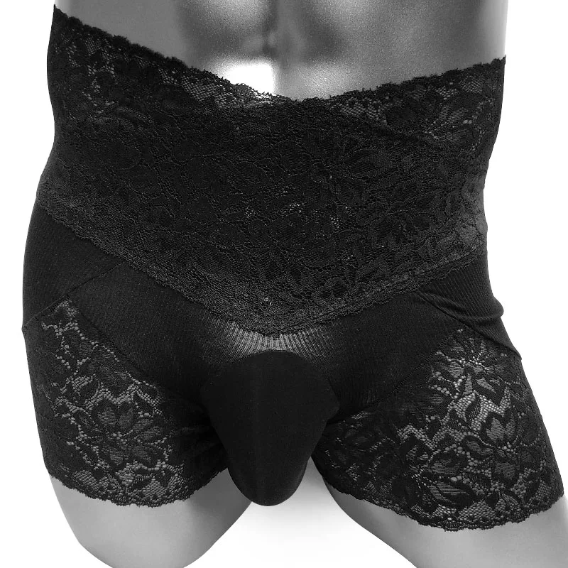 Мужские кружевные шорты Sissy Pouch эластичные трусы с высокой талией для пениса