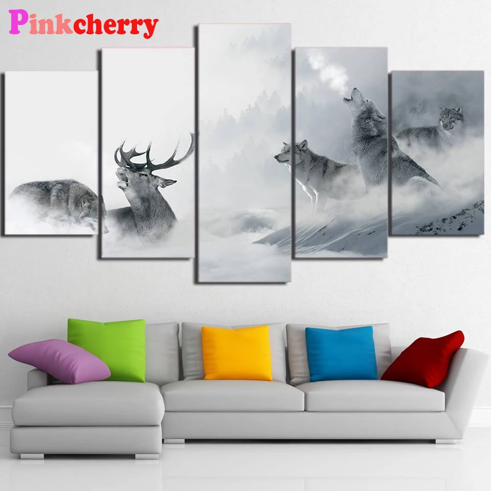 

5 Piece 5d diy Diamond Painting White Howling Wolf Group Deer Full Square/Round diamond embroidery Cross stitch Mosaic