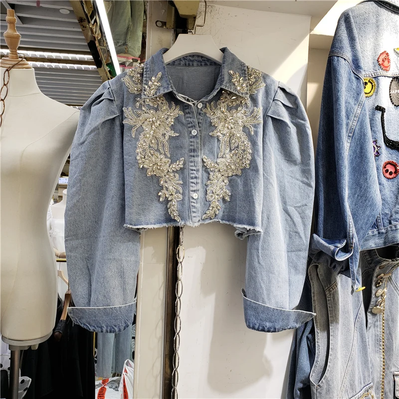 

European Style Heavy Beads Lace Diamond Denim Coat Fashion Bubble Long Sleeve Jacket Female 2021 Autumn New Streetwear Short Top