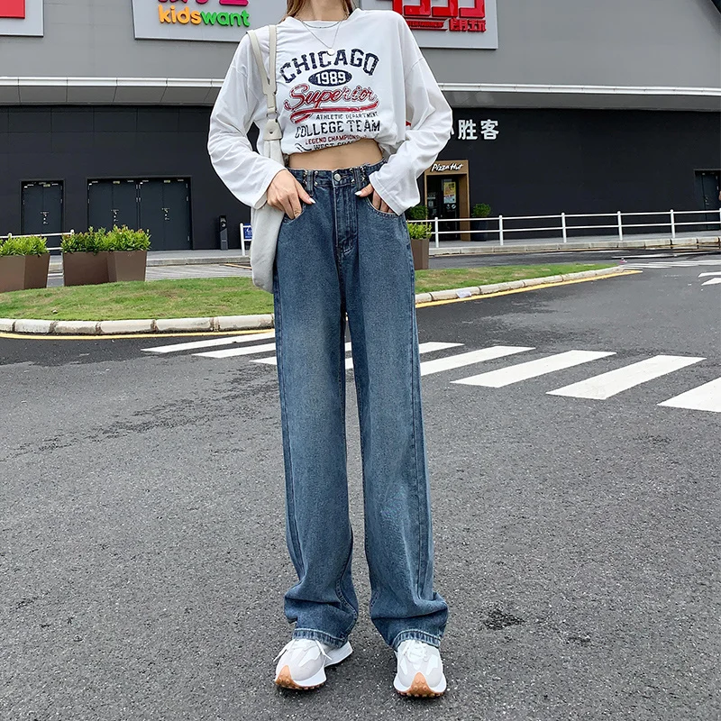 Джинсы с высокой талией и широкими штанинами женский осенний дизайн Ретро стиль