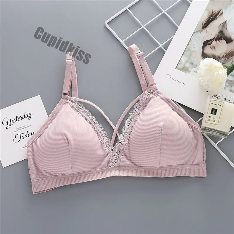 New ice silk thread wrapped chest, sexy lace beauty back no steel ring bra adjustable shoulder strap
