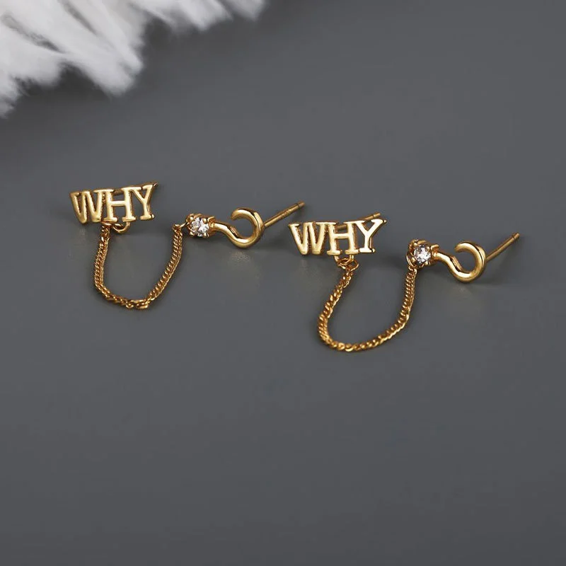 

925 Sterling Silver English Chain Double Ear Hole Temperament Cool Style Stud Earrings For Women's 2021 Punk Luxury Jewellery