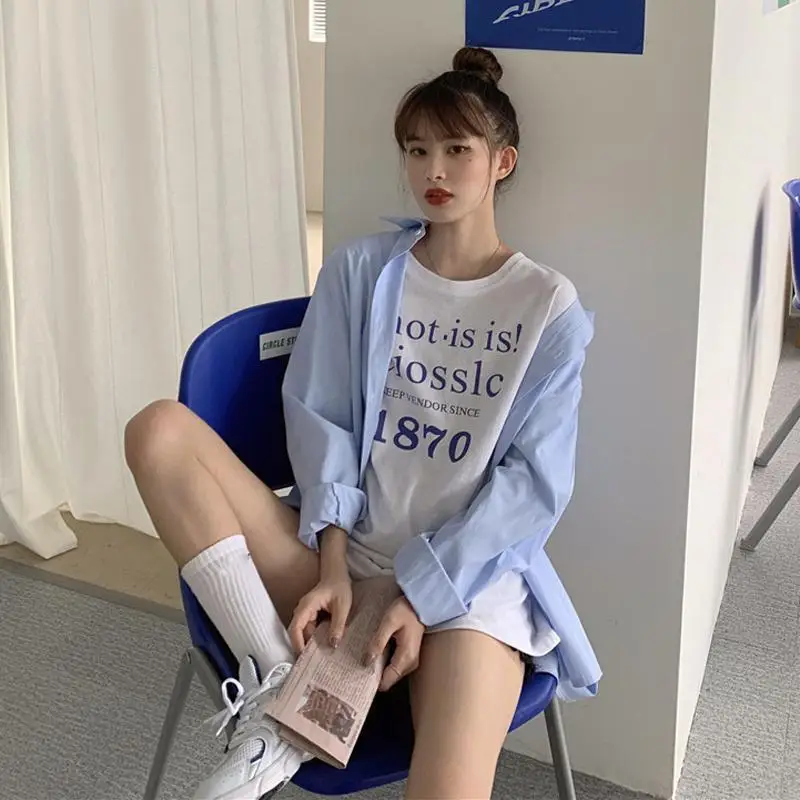 Однотонные синие женские рубашки свежая верхняя одежда для студентов милый