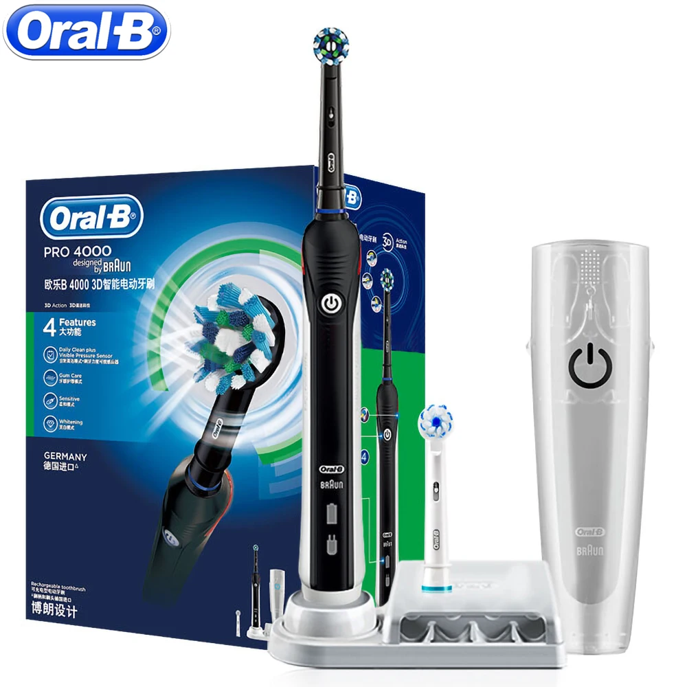 

Электрическая зубная щетка Oral B перезаряжаемая для отбеливания зубов PRO4000 3D умная ультразвуковая зубная щетка 2 сменные насадки для зубов