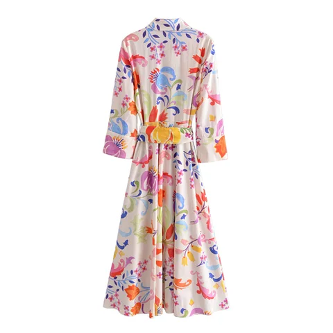 Модное платье-миди с цветочным принтом и поясом, Женская офисная одежда с длинным рукавом, платья-рубашки, женские платья с отложным воротником