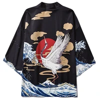 2020 harajuku japanese kimono jackets men crane wave summer loose shirts japan streetwear front open coats kimono