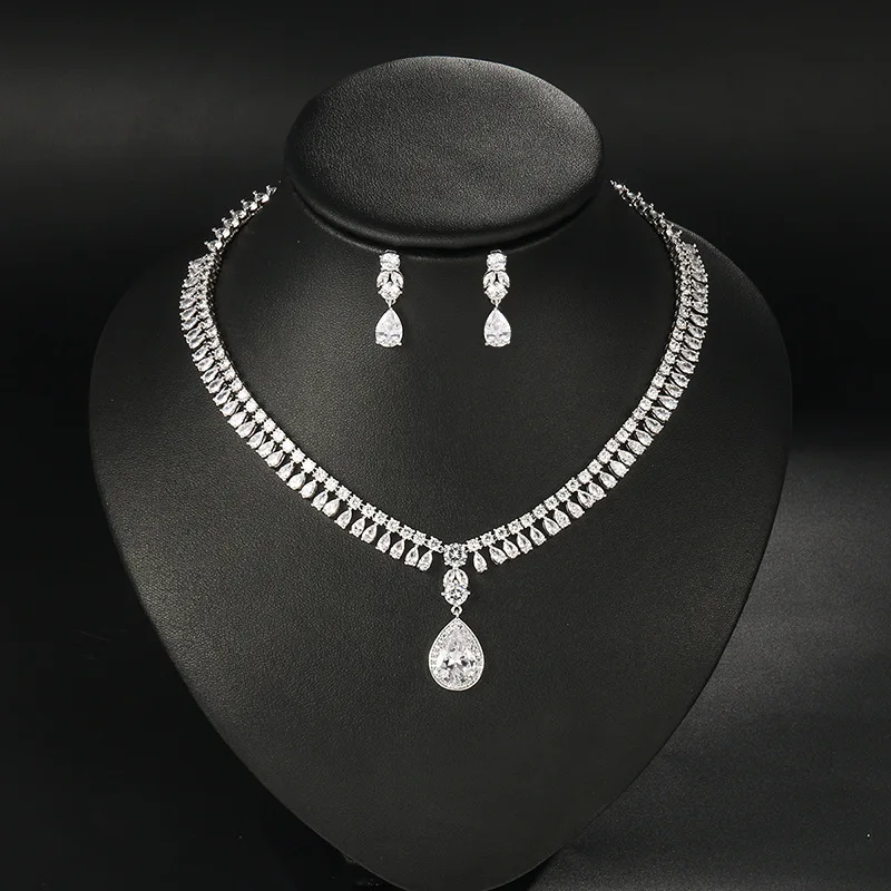 Элегантная Каплевидная форма кубический цирконий теннис ожерелье и серьги для свадьбы свадебный набор украшений для женщин вечерние