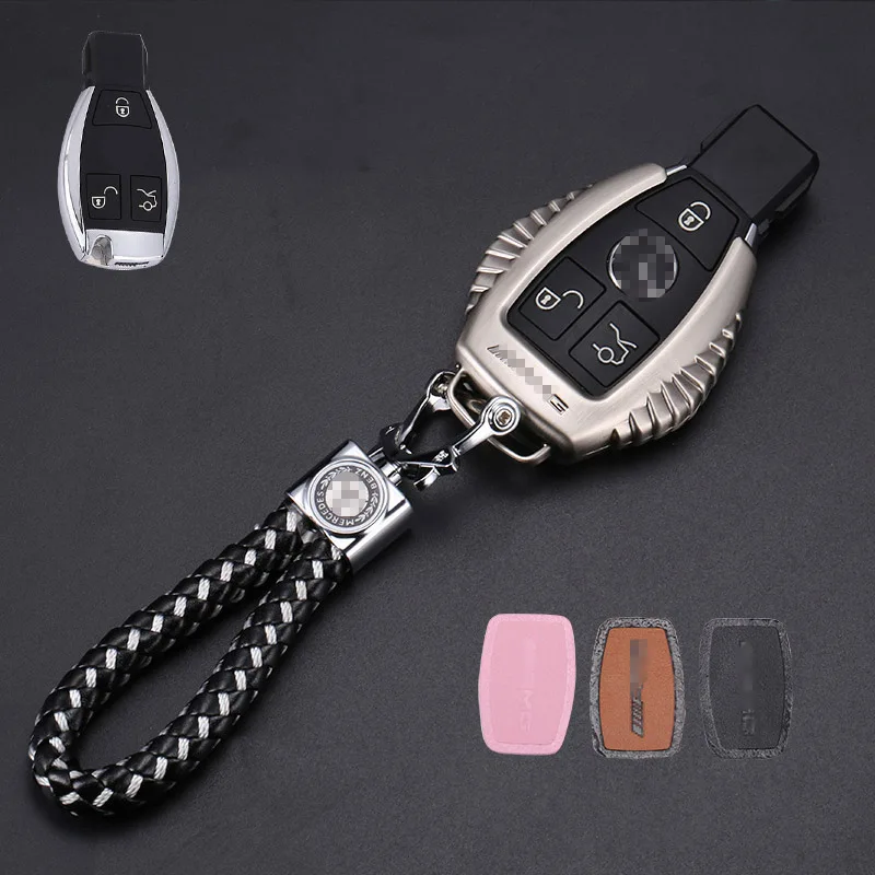 gray with chain Металлический чехол для ключей автомобиля, чехол для Mercedes Benz W203 W210 W211 W124 W202 W204 W205 AMG, брелок для ключей, защитная крышка из цинкового сплава - Название цвета: gray with chain