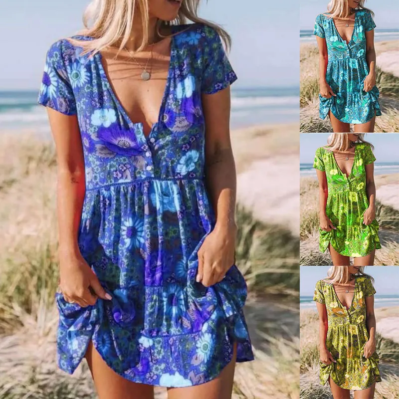 

Casual Temperament Short Sleeve Women's Clothes Ladies Elegant Flower Print Dresses Summer Fashion V-neck Loose Mini Beach Dress