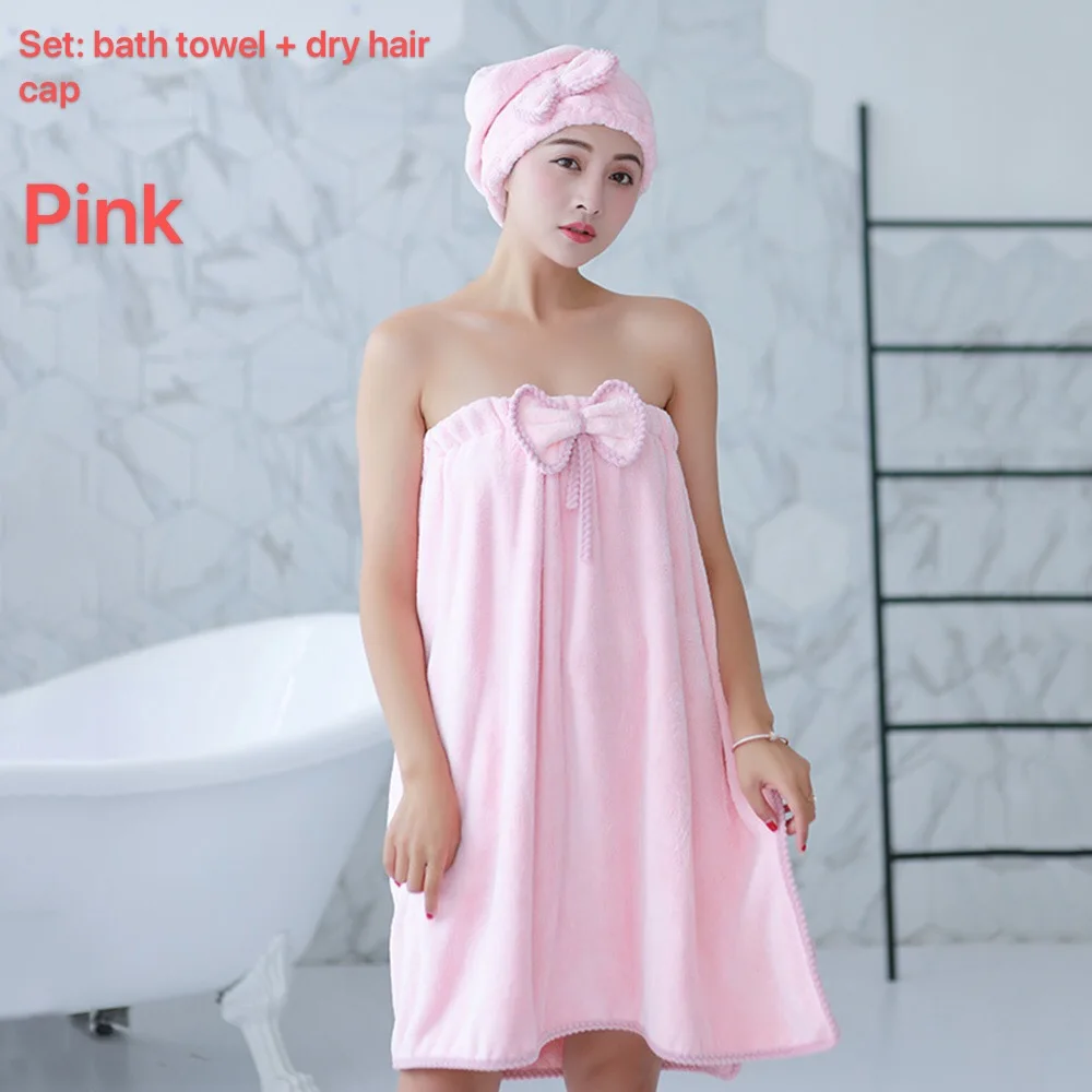 

Women Sexy Wearable Absorbent Bath Towel+Hair Cap Bathroom Towel Set Bow-knot Body Wrap Bathrobe Spa Skirt for Adults pajamas