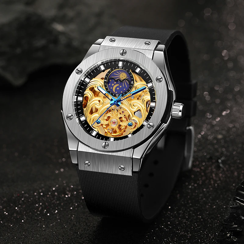 

Часы наручные FORSININ мужские с силиконовым ремешком, автоматические механические деловые с вырезами в виде полумесяца