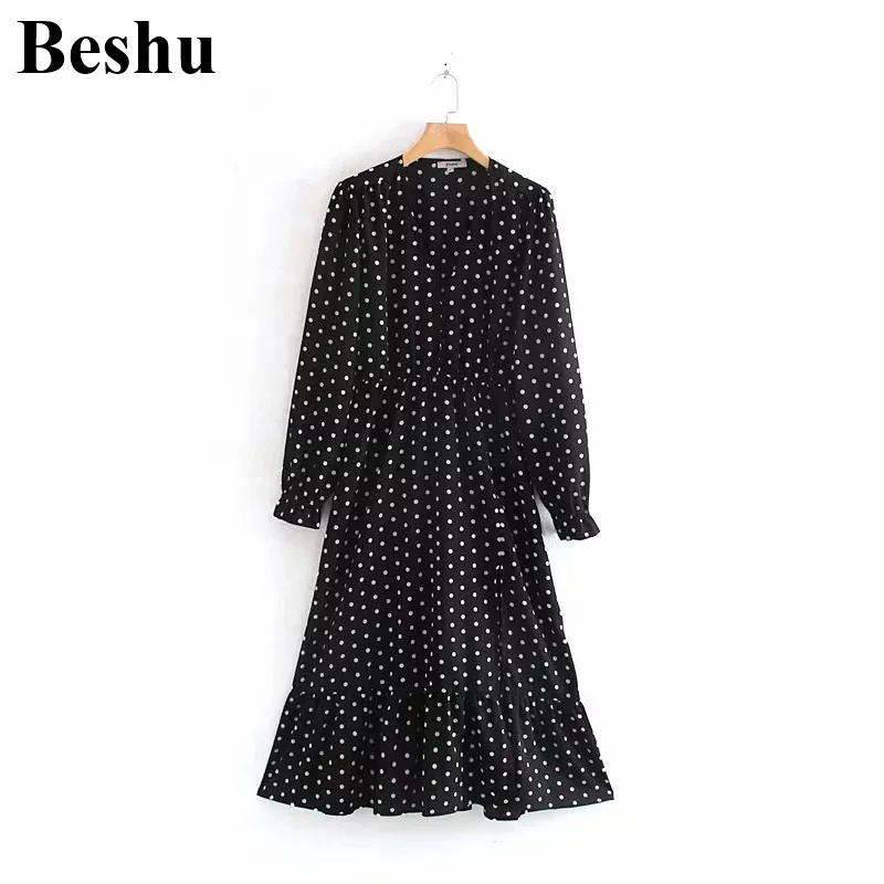 Модное женское платье za элегантное в горошек с круглым вырезом высокой талией