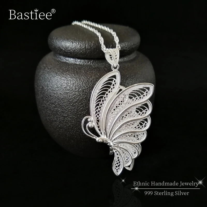 Bastiee 999 Sterling Silver Butterfly Pendant Vintage Big Pendants Handmade Luxury Jewelry Ethnic Accessories for Women