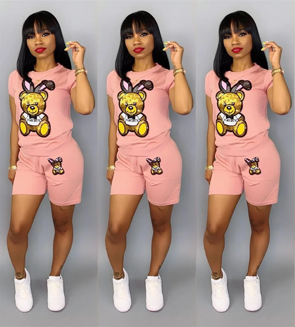 

XS-XXXL Bear Print Two-piece Women's Summer Casual Fashion Sports Short-sleeved Jogging Tight Sportswear