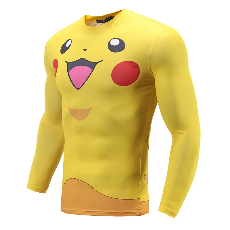 

3D Print Compression Men Long Sleeve T-shirt Gym Running Biking Wear Bikachu Pokemon Yellow Funny Tees Shirts Cosplay Clothing