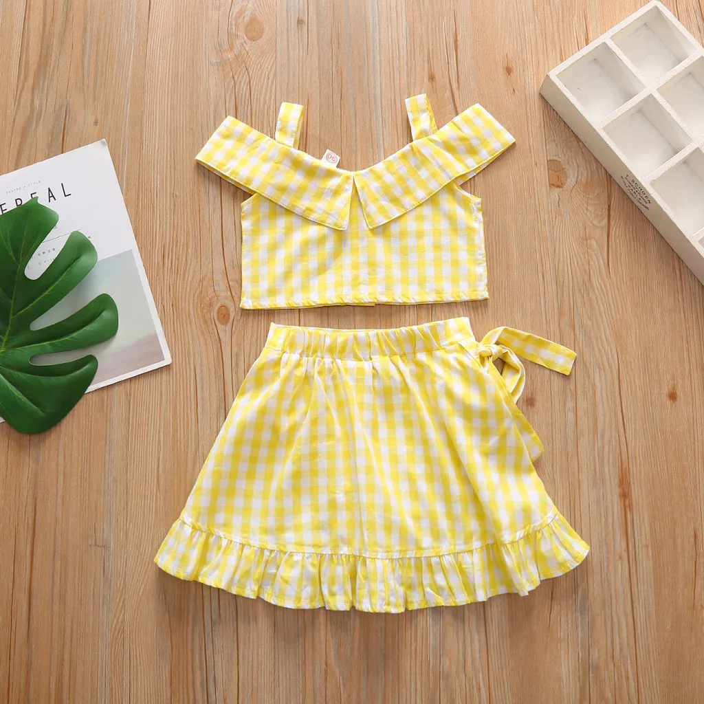 Клетчатый жилет без рукавов для маленьких девочек комплекты из топа и юбки с