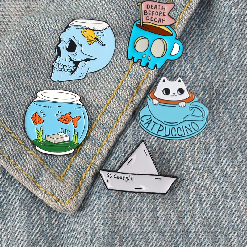 

Blue Skull Fish tank Pin Cute cat coffee cup Small sailboat Badge Brooches Shirt bag skeleton enamel lapel Pins Creative Jewelry