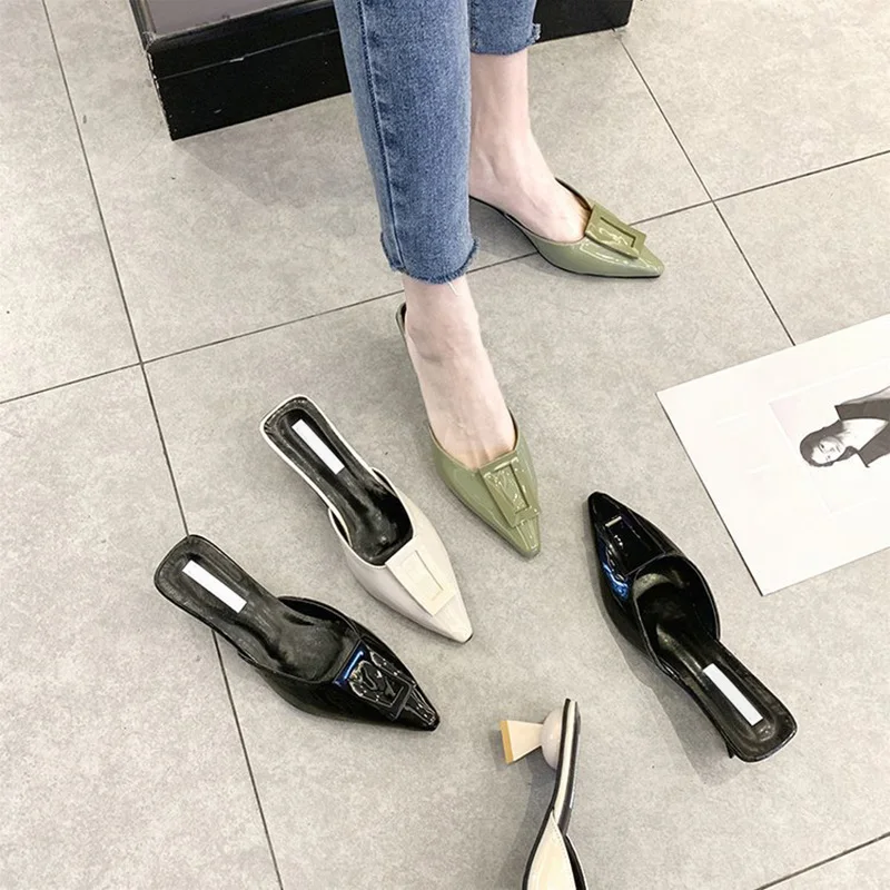 Shoes Woman 2019 Fashion Pointed Toe Women High Heel Slippers Thick PU Leather Female Casual Zapatos Mujer | Обувь