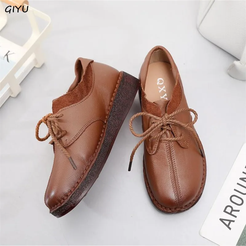 

GIYU 2021Spring New Genuine Leather Deep Mouth Women's Singles Shoes First Layer Cowhide Flat Bottom Lace Up Casual Ladies Shoes
