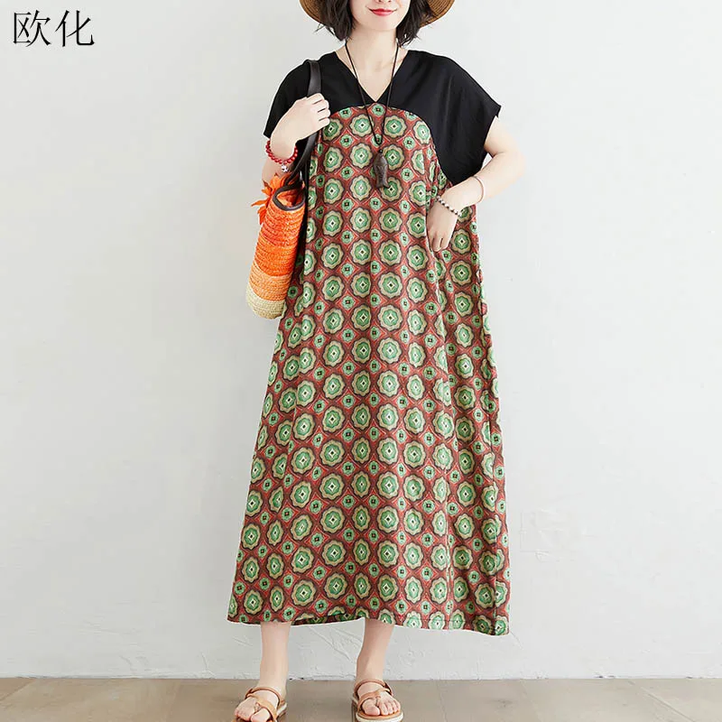Женский винтажный сарафан свободного покроя длинное Хлопковое платье с