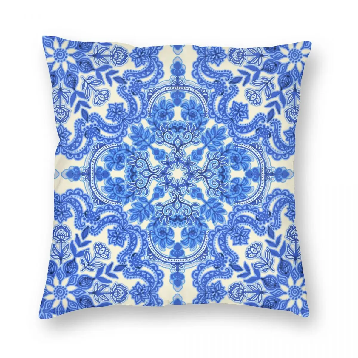 Cobalt Blue China White Folk Art Square Pillowcase Polyester Linen Velvet Printed Zip Decorative Throw Pillow Case Room Cushion