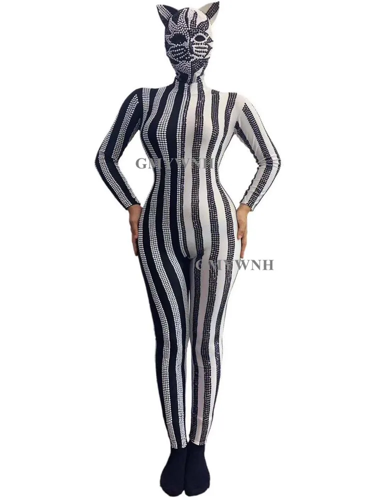 Q87 Клубный танец с палкой Сиамской высокой эластичности Демон-кошка Модель-шоу Костюм для тайтовой вечеринки Хэллоуин Сверление цепью Алмазный диджей.
