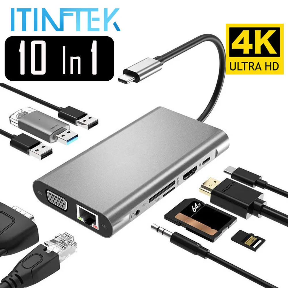 Адаптер USB Type C HDMI 4K VGA RJ45 Lan Ethernet SD TF 3 0 5 мм разъем аудио видео конвертер для