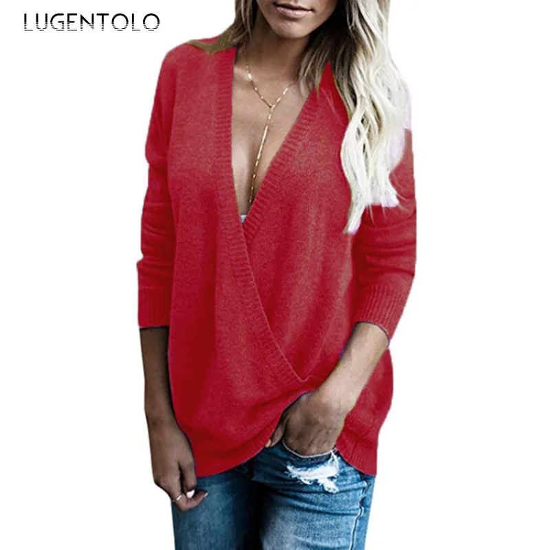 

Lugentolo Women Loose Sweater Autumn Winter V-neck Stitching Solid Casual Street Fashion Female Comfortable Knitted Sweater