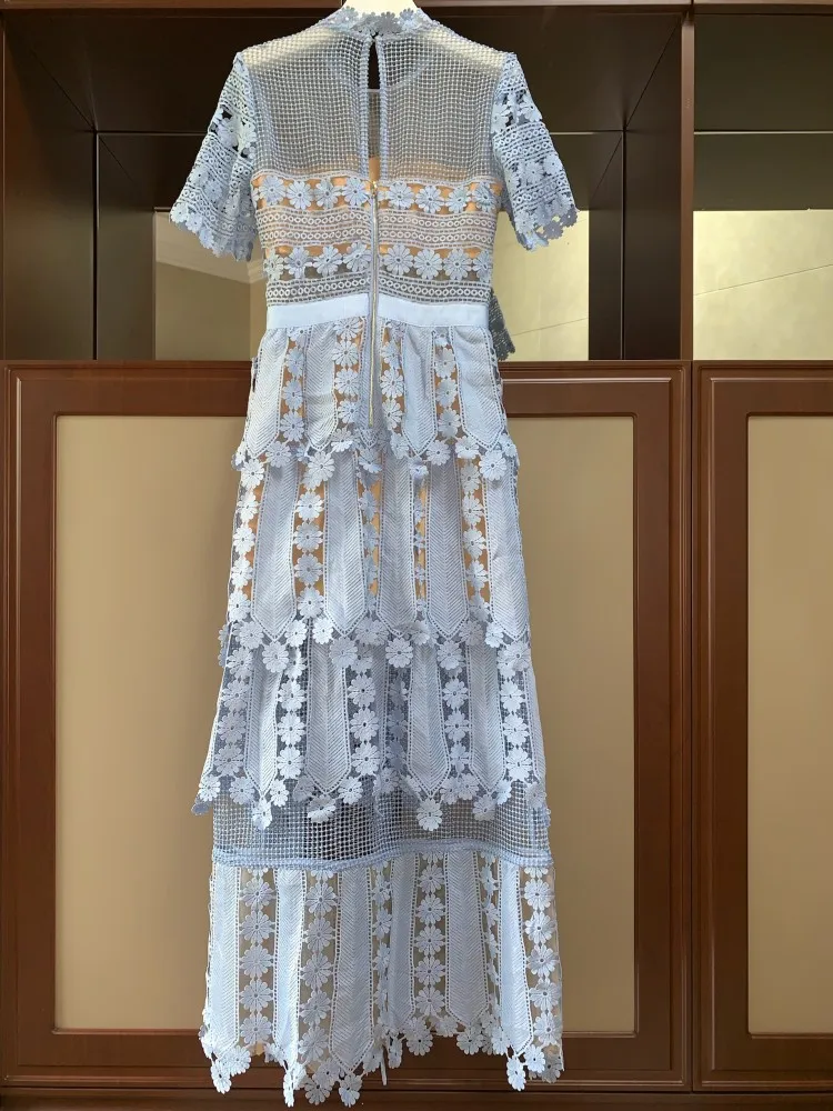 ESHINES дизайнерское длинное платье элегантное голубое вышитое цветочное ажурное