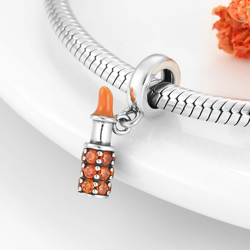 Подлинное серебро 925 пробы оранжевая губная помада эмаль амулеты бусины подходят