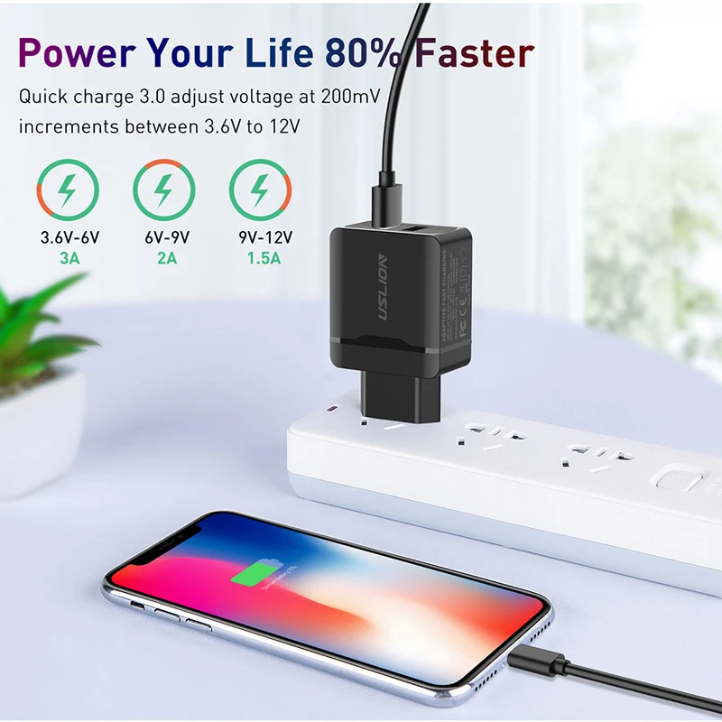 USLION Quick Charge 3,0 18 Вт QC 3,0 адаптер зарядного устройства с двойным USB EU дорожное настенное зарядное устройство для мобильного телефона для iPhone samsung Xiaomi huawei