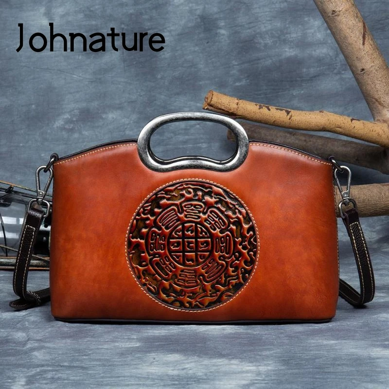

Johnature Retro Handmade Totem Women Bag 2022 New Genuine Leather Versatile Handbag Embossed Cowhide Shoulder Messenger Bags