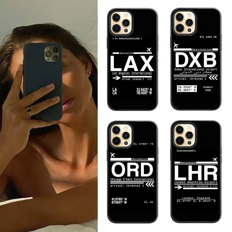 

World Airport Code Phone Case For Iphone 13 12 Mini 11 Pro X XS MAX 7 8 Plus XR SE 2020 Silicone Black Cover