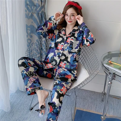 Пижама с длинными рукавами Lazy Style 2020 WAVMIT Шелковый комплект из 2 предметов женская
