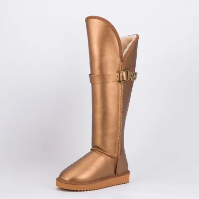 gold Waterproof Зимние сапоги до колена высокие зимние сапоги из натуральной воловьей кожи замшевая женская обувь на плоской подошве водонепроницаемая обувь с пряжкой - Цвет: gold Waterproof