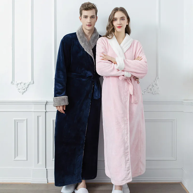 

Autumn Winter Lengthened Bath Robe Women Thickened Flannel Couple Kimono Robe Coral Velvet Bathrobe Pajamas Robes for Women