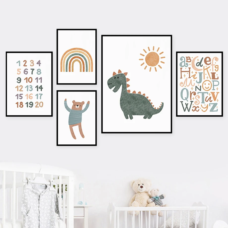 

Wall Art Canvas Painting Cartoon Bear Dinosaur Heart ABC Nordic Posters And Prints Wall For Kids Room Nursery DecorPictures