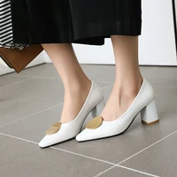 elegant women pointed toe block heels pumps pu leather shallow metal decoration ladies shoes spring daily work commuting dating