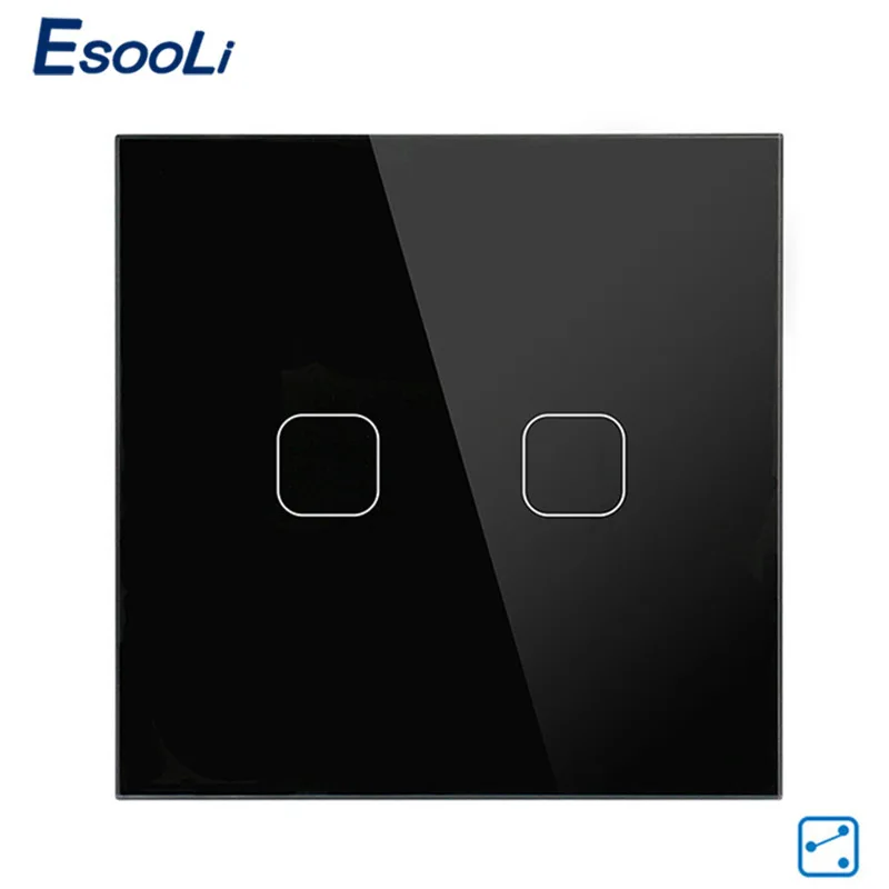 2 Gang 2 Way Black Esooli ЕС стандартный настенный сенсорный выключатель 1/2 банды 2 способ управления сенсорный экран переключатель, Хрустальная стеклянная панель, 220-250 В - Цвет: 2 Gang 2 Way Black